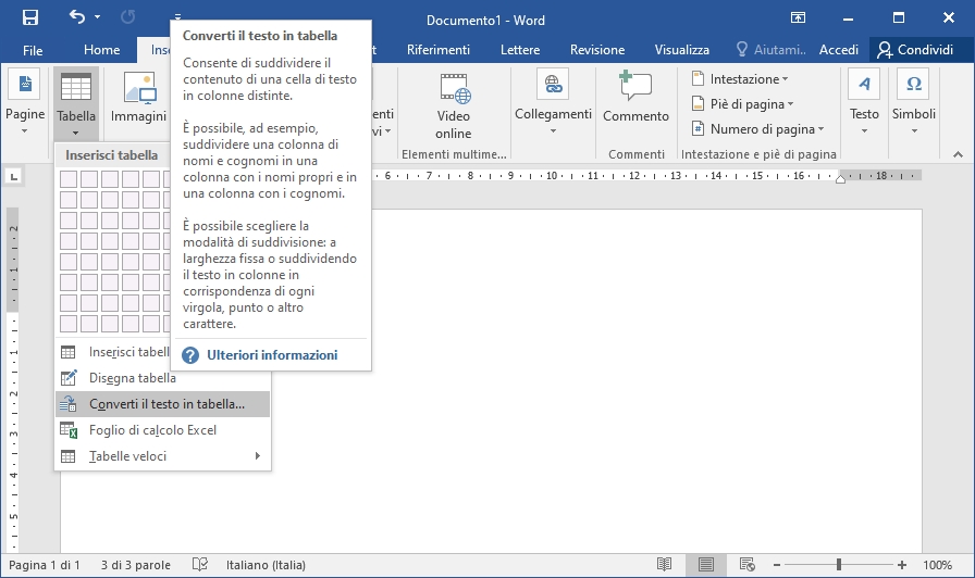 Word 2016: Converti testo in tabella