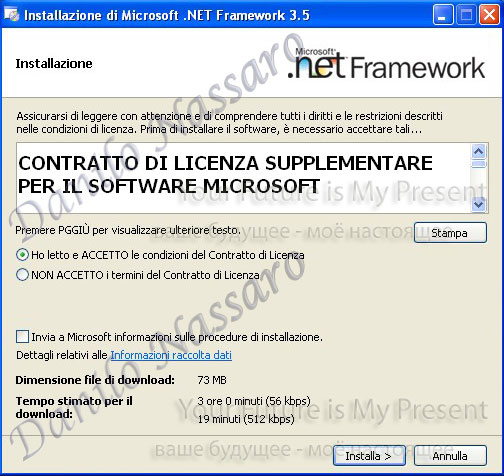 Installazione .net 3.5: accettazione licenza