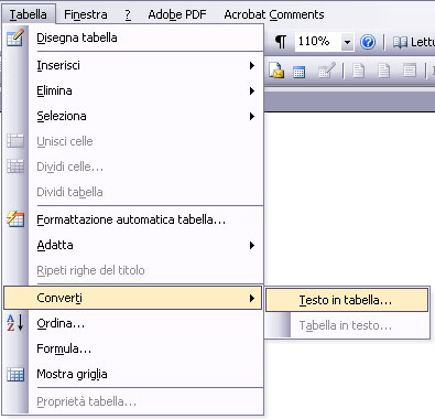 Word 2003: Converti testo in tabella