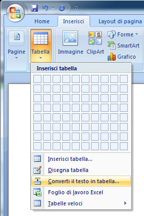 Word 2007: Converti testo in tabella