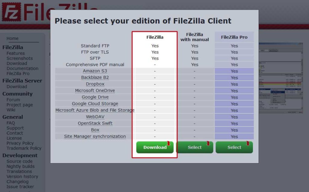 FileZilla: Selezione versione