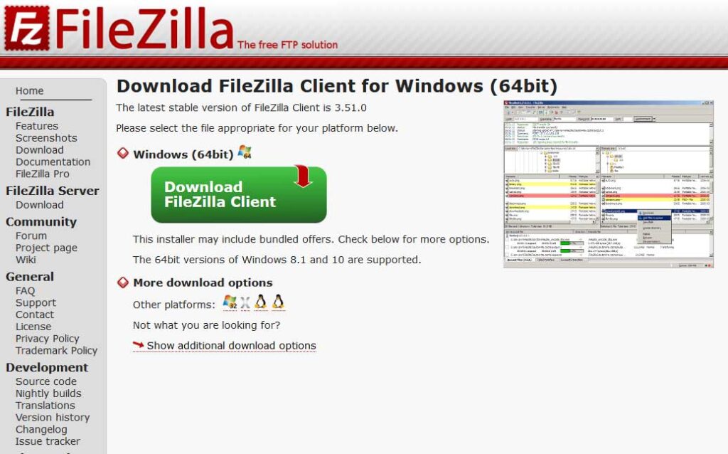 Pagina Download FileZilla