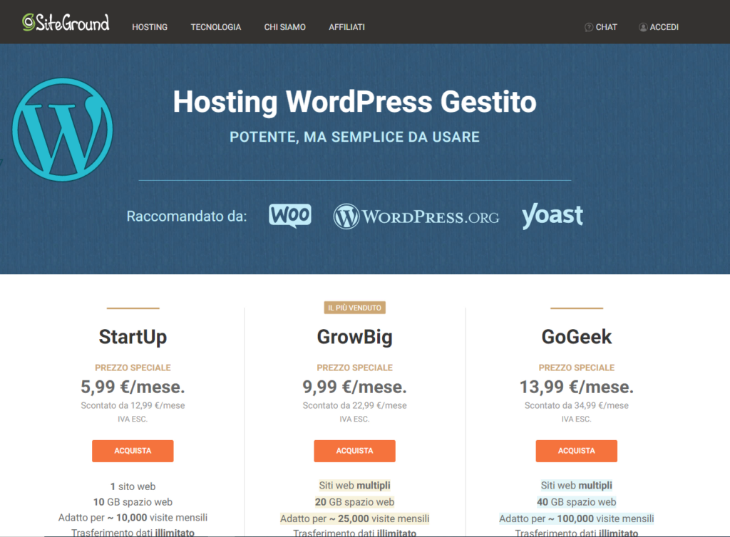 Registrazione sito WordPress con SiteGround. Passo 1: scegli il piano