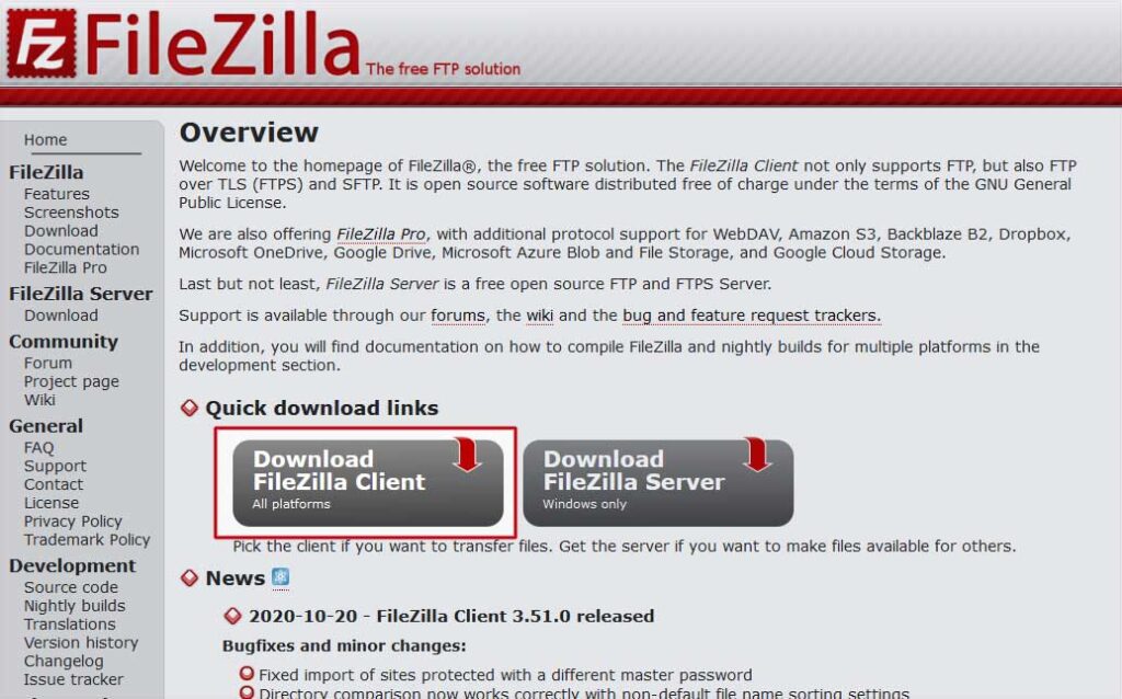 Home Page di Filezilla