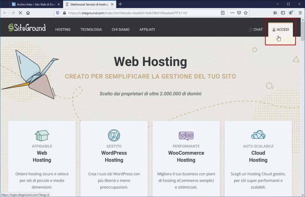 Accedi a SiteGround