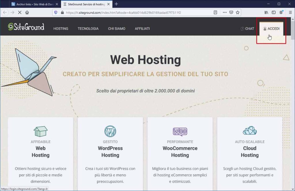 Accedi a SiteGround