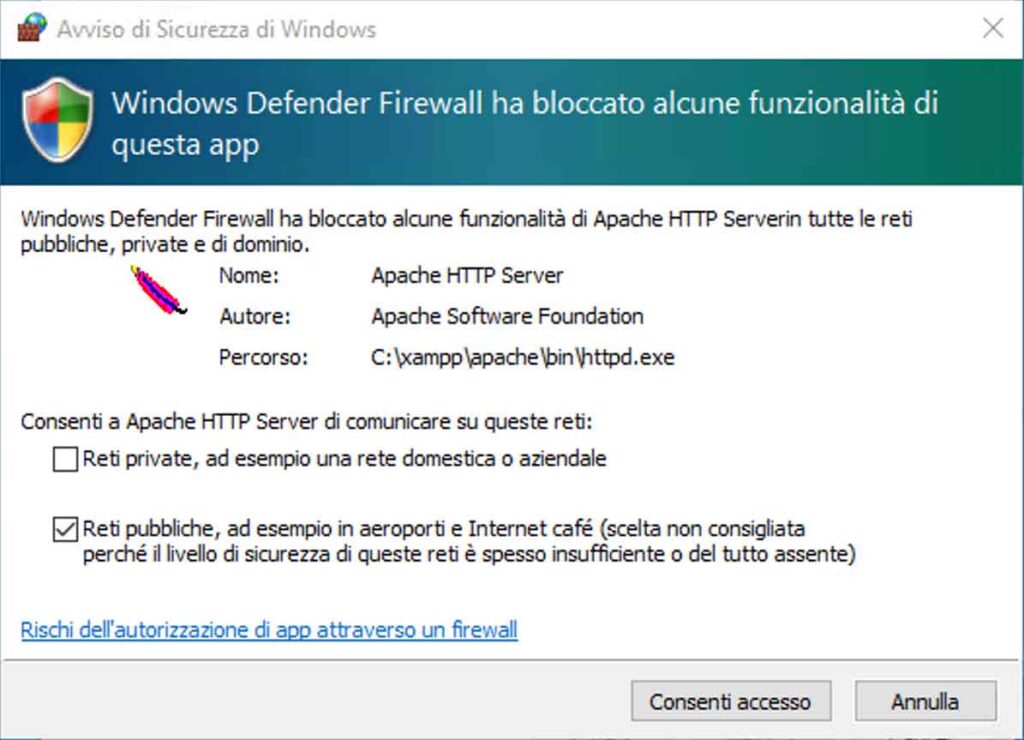 Windows Defender Firewall: permettere al server web Apache di ricevere connessioni di rete