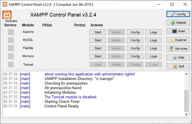 Pannello di controllo di xampp