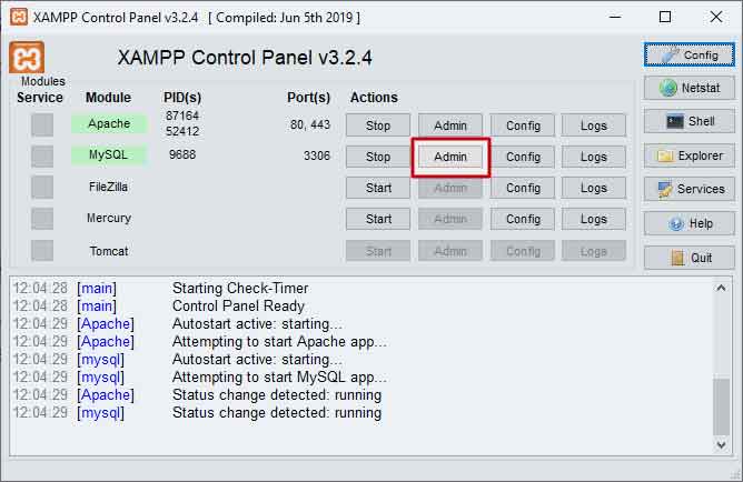 Aprire phpMyAdmin dal pannello di controllo di XAMPP