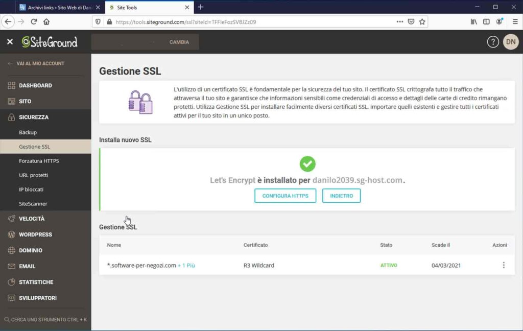 Il certificato è stato correttamente installato. SiteGround