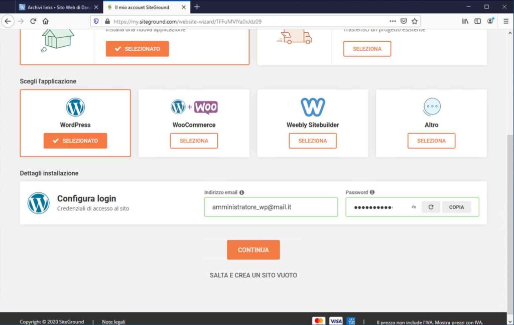 SiteGround: selezione nome utente e password amministratore WordPress