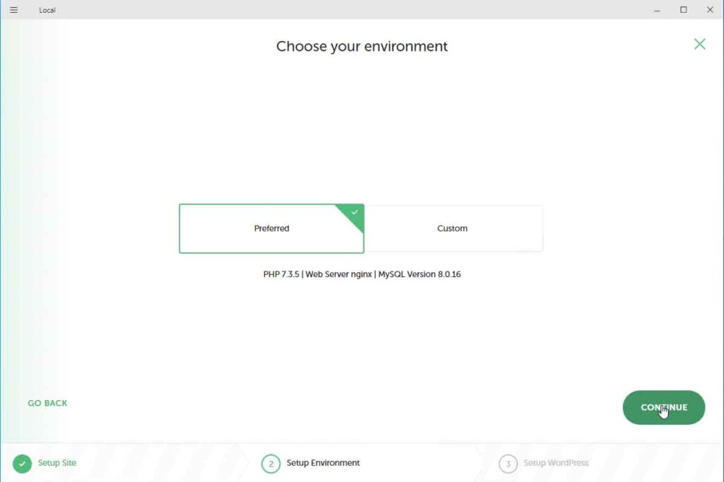 Selezione dell'ambiente di installazione