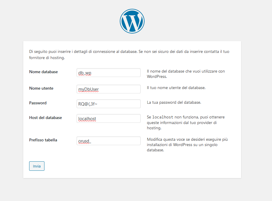 Procedura guidata di installazione di WordPress: informazioni connessione database