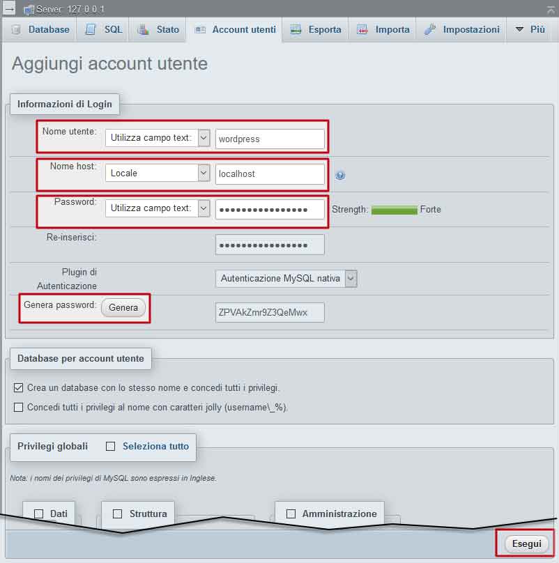 Creazione di database e utente per installare WordPress su XAMPP