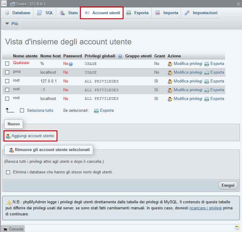 phpMyAdmin: gestione utenti