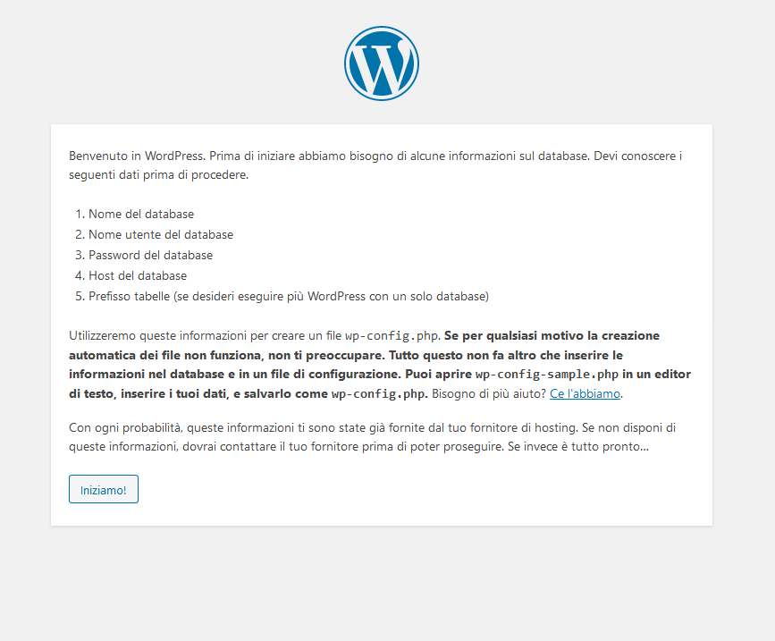 Inizio procedura guidata di installazione di WordPress