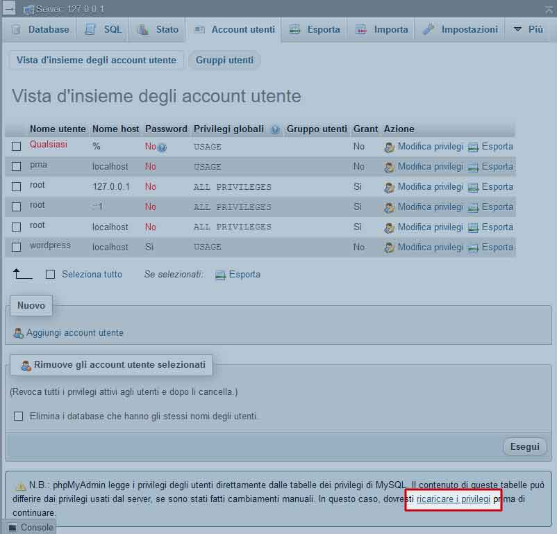 phpMyAdmin: Ricaricare i privilegi