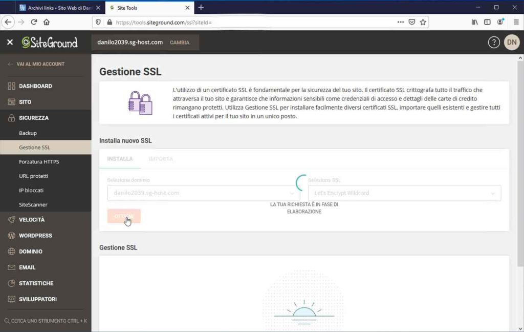 SiteGround: Richiesta certificato SSL gratuito Let's Encrypt in corso