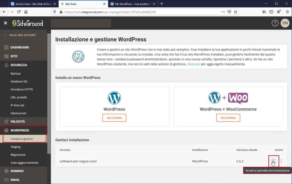SiteGround: Esegui la login come amministratore dalla pagina dei Site Tools