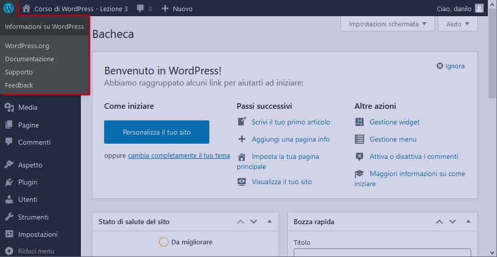 Toolbar di WordPress: logo di WordPress