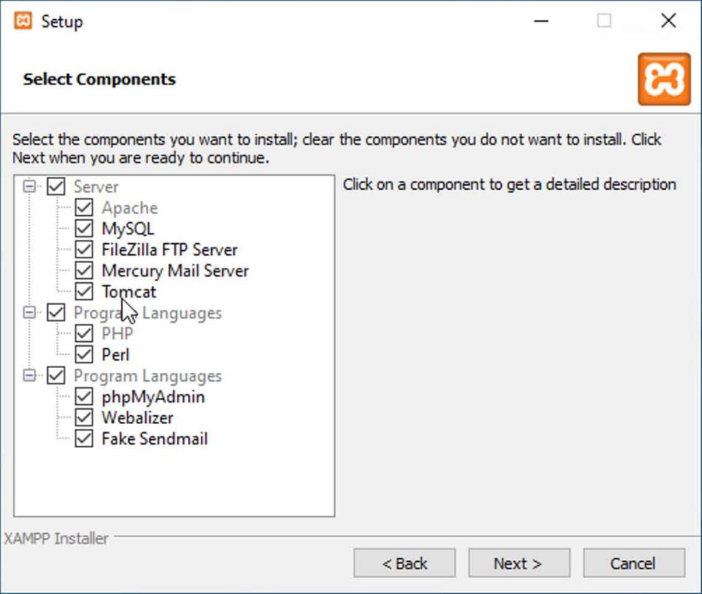 XAMPP: Selezione componenti da installare